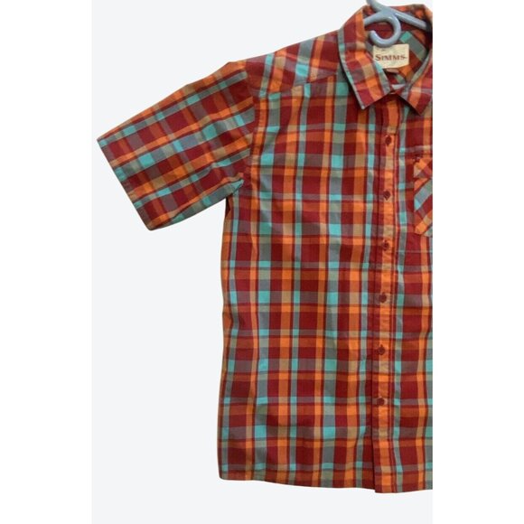 Simms Men's Extra Large Short Sleeve Plaid Fishing Red Orange Mint Green - Picture 2 of 8
